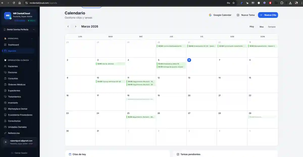 Calendario de citas con vista semanal y gestión de horarios