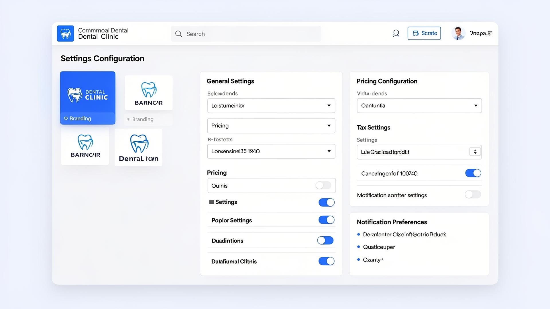 Página de configuración con branding, precios, impuestos y notificaciones