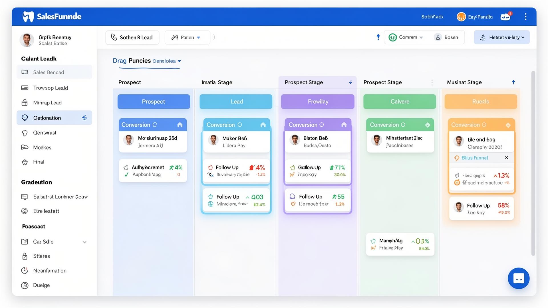 Pipeline de ventas con etapas de conversión y tarjetas de prospectos