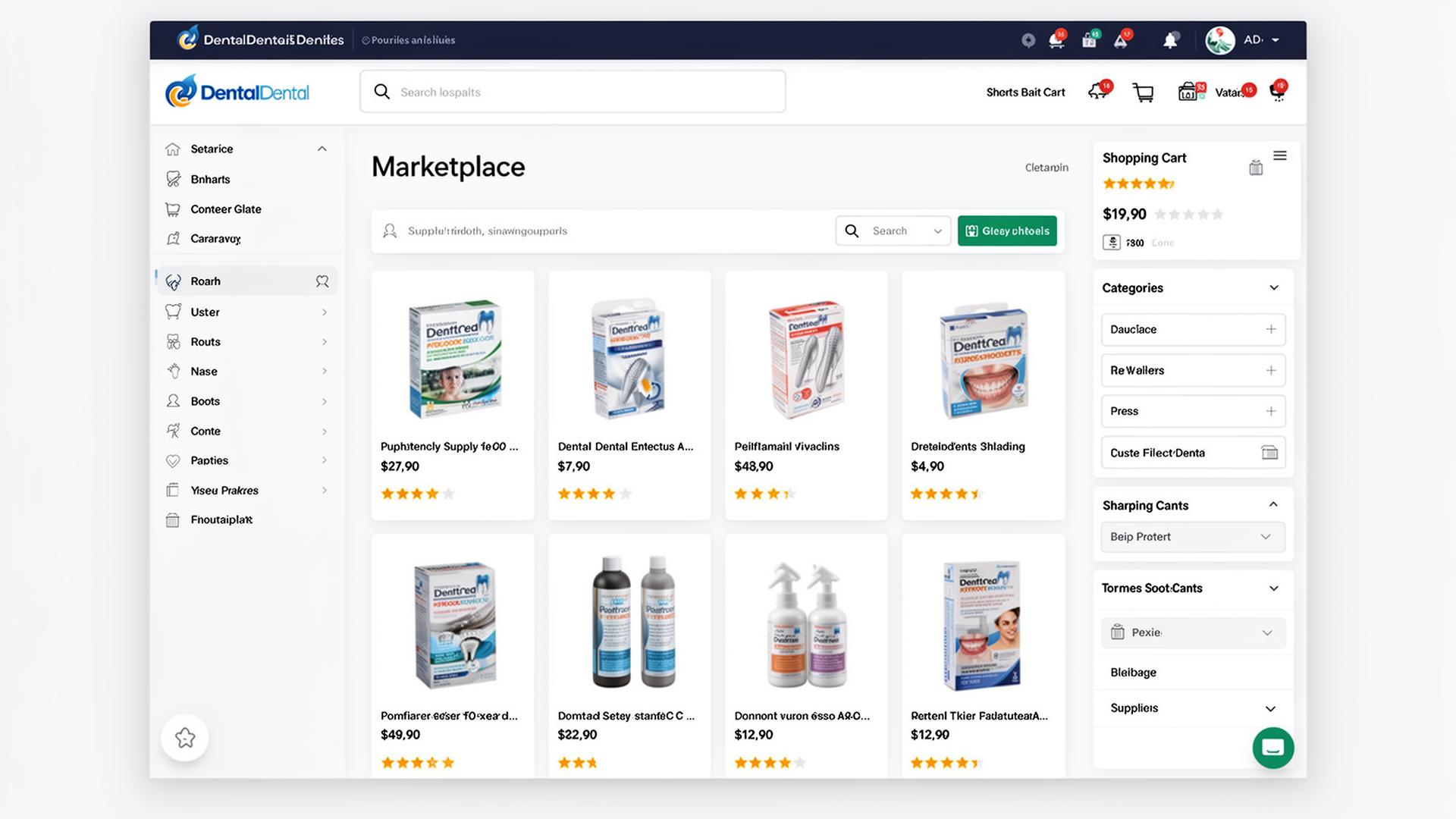 Marketplace de productos dentales con catálogo y carrito de compras